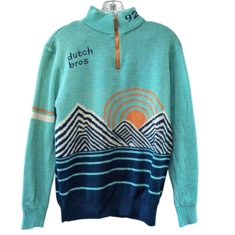 Dutch Bros Coffee Sweater Size 2XL Mountains Rising Sun Teal 1/4 Zip Mock Neck
